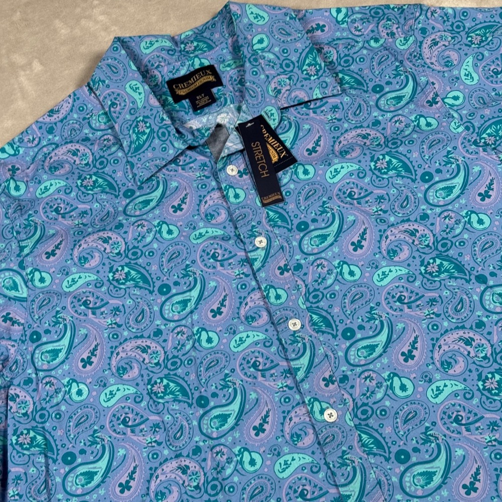 Cremieux Button Down Shirt Mens XLT Blue Paisley Stretch Short Sleeve NWT